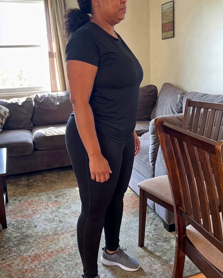 A woman standing side-on in a living room, whole body in frame, seen from a phone at knee height
